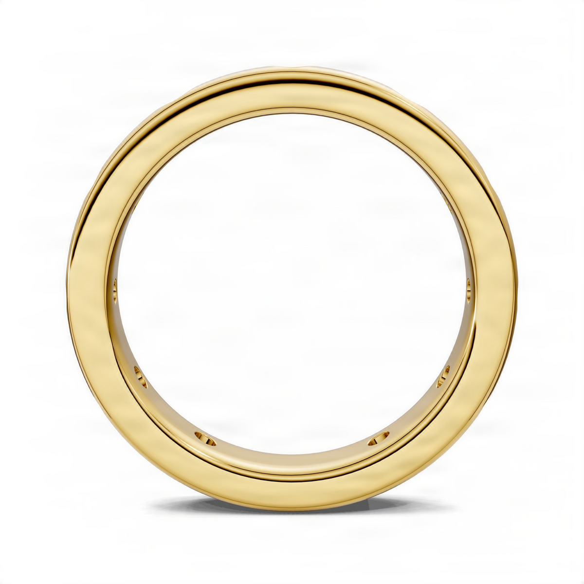 Yellow gold flush-set eternity band, open side view with low-profile setting edges