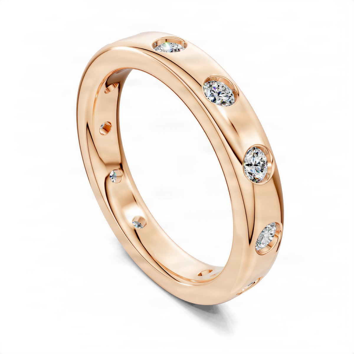 Rose gold flush-set diamond eternity band viewed at an angle, round diamonds visible