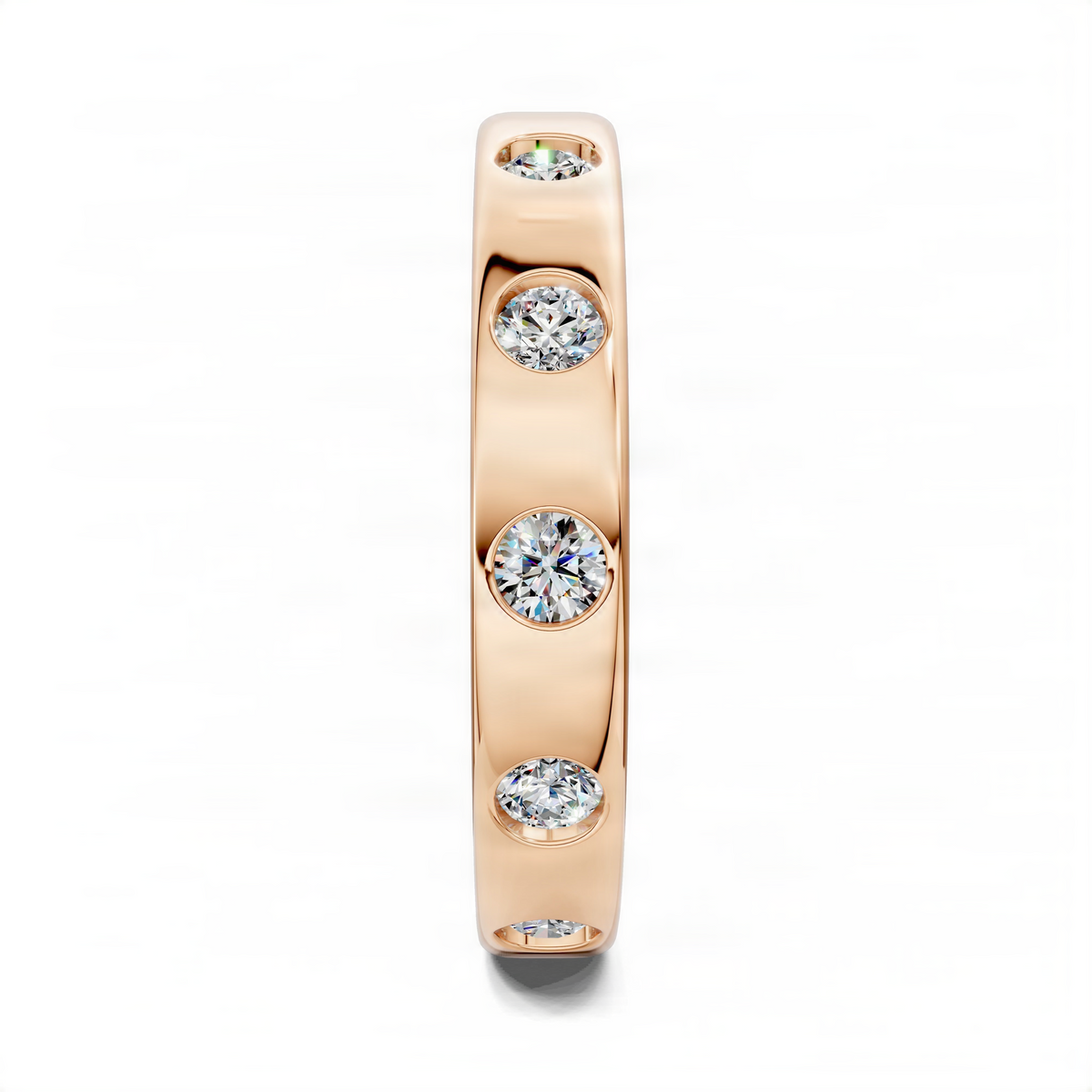 Rose gold flush-set diamond eternity band with four round diamonds in vertical view