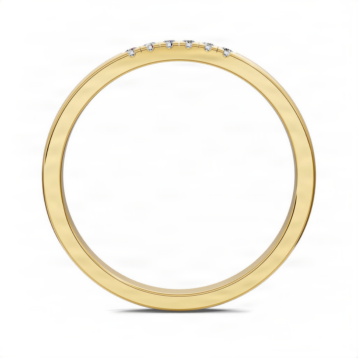 Yellow gold diamond band ring viewed from the front, stones along the outer top row.