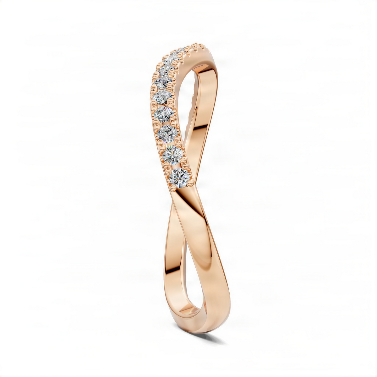 Rose gold wave pavé ring with crossing open shank and diamond-like stones