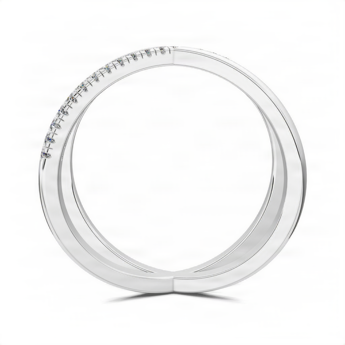 Pavé diamond X band ring in white metal with slim polished crossover design