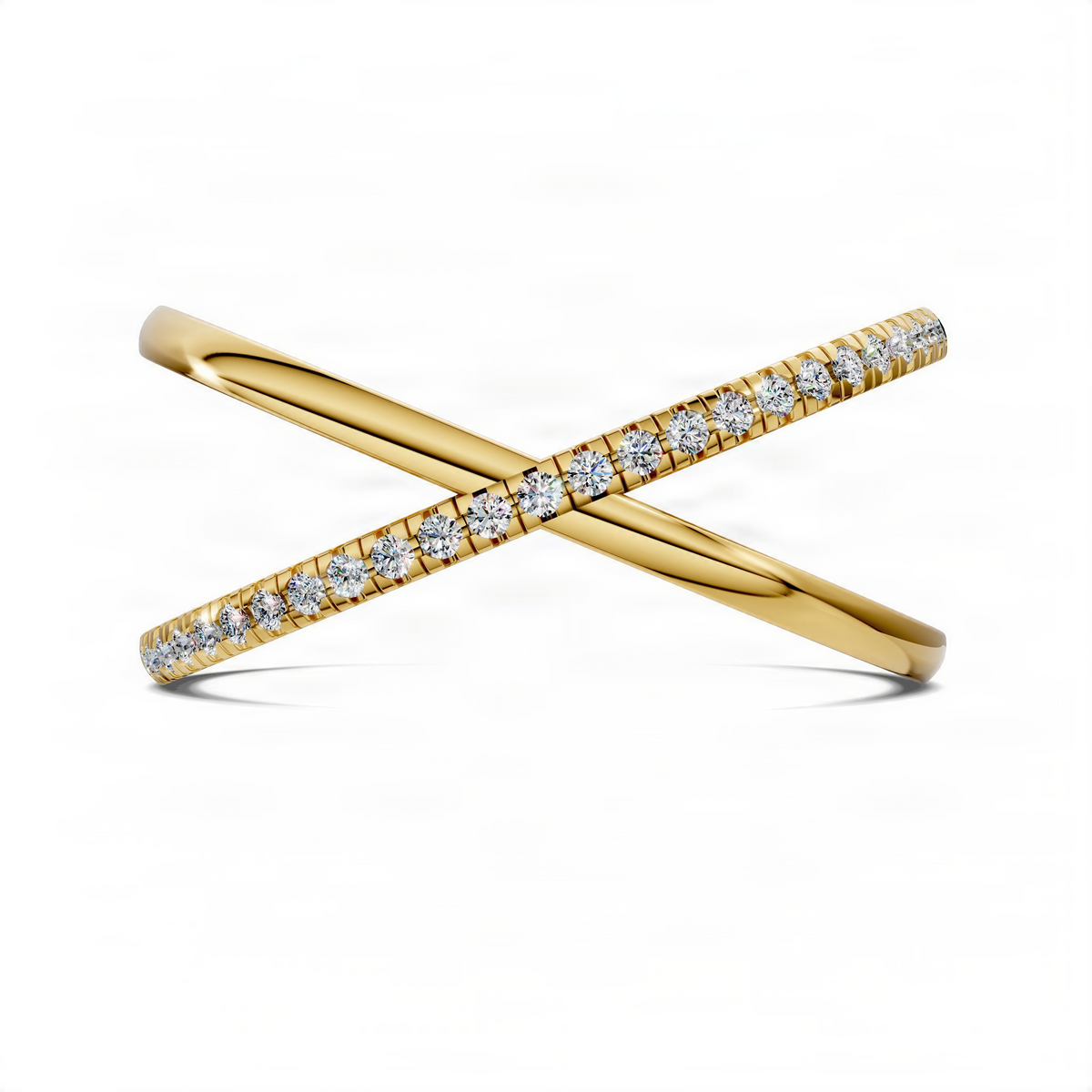 Pavé diamond X band ring in yellow gold