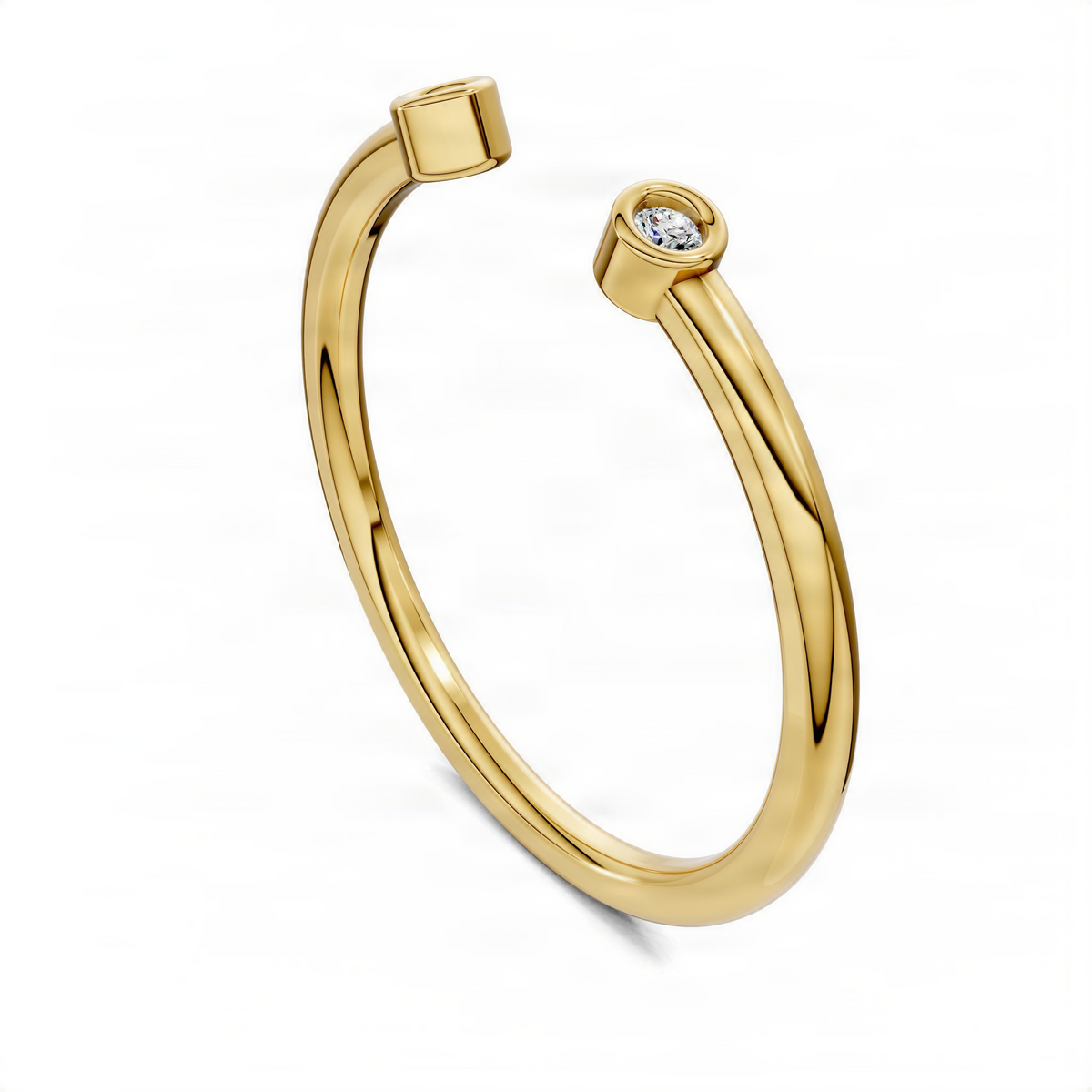 Yellow gold gap band ring with two round diamond accents in oval bezels
