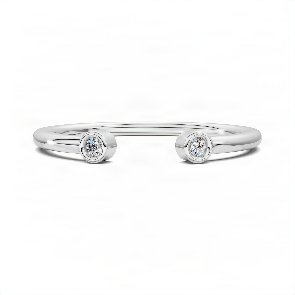 White gold gap band ring with two round diamond accents in bezel settings