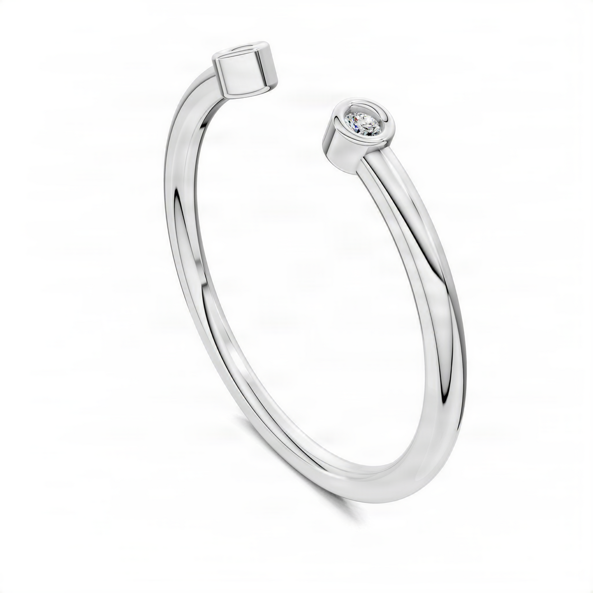 White gold gap band ring with two round diamond accents in oval bezels