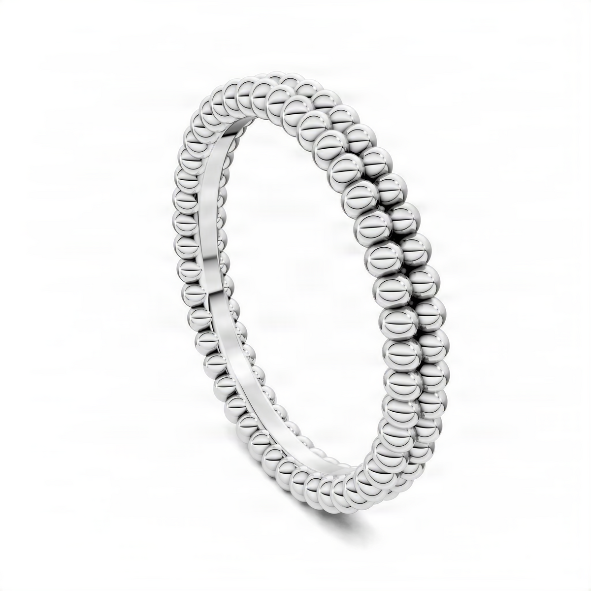 Double-beaded band ring in white gold, side view showing stacked round beads.
