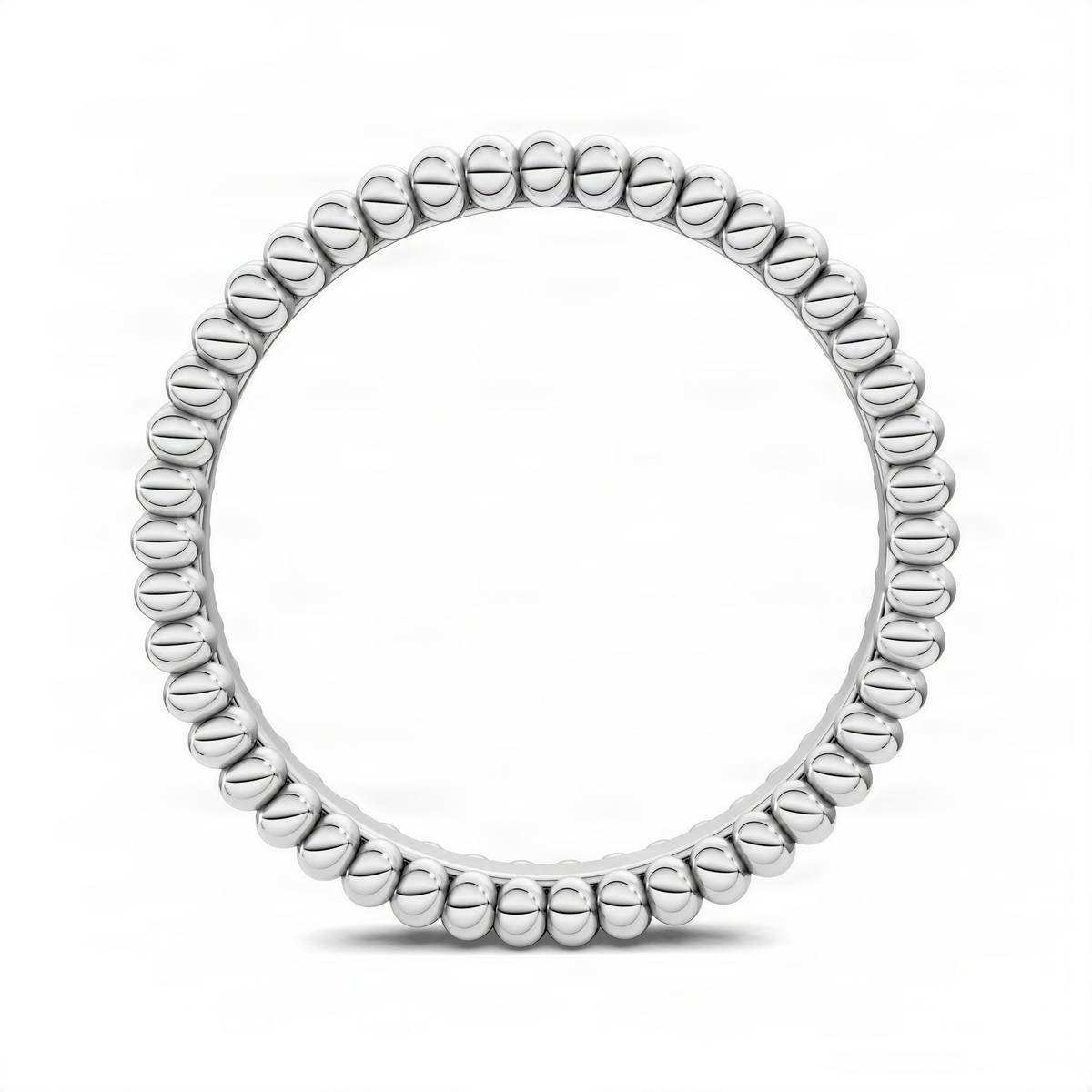 Double-beaded band ring in white gold, top view with two-row round bead texture.
