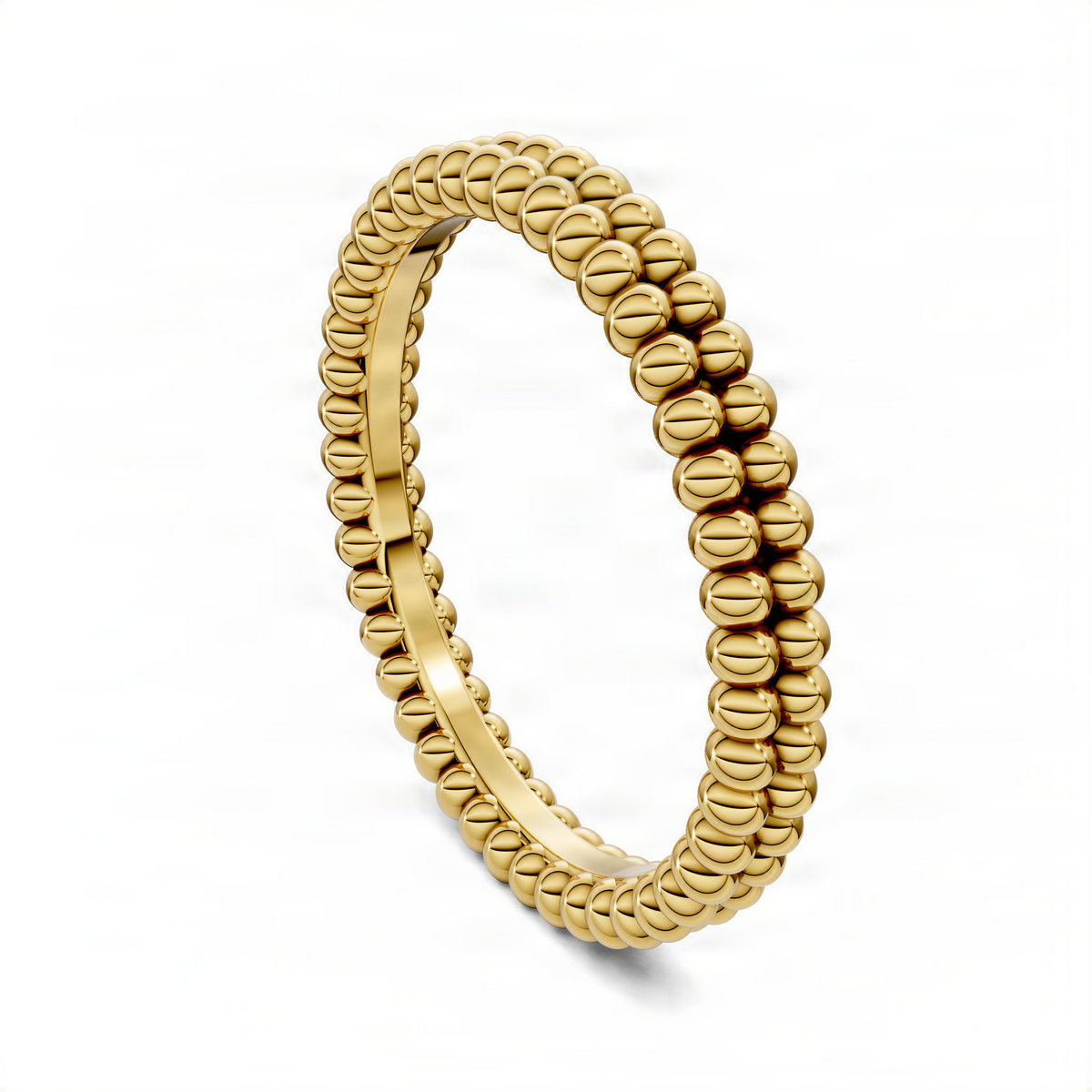 Double-beaded band ring in yellow gold, side view with stacked round beads.
