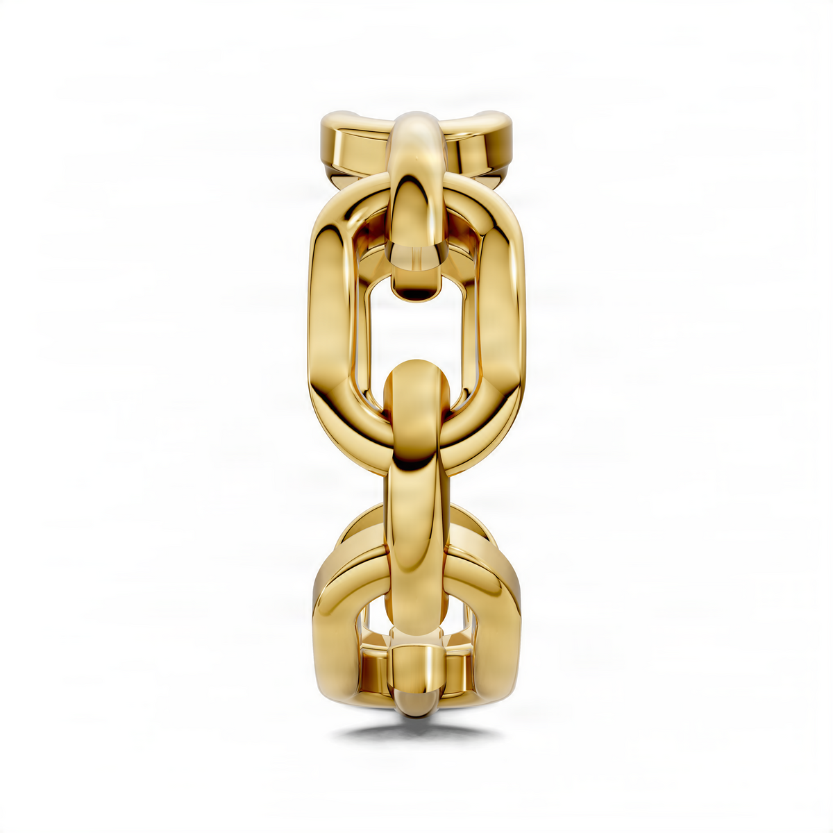 Yellow gold chain link band ring with stacked interlocking links, polished