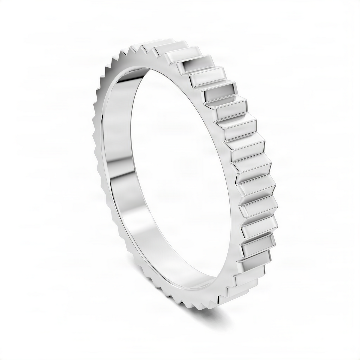 Fluted band ring with rectangular ridges, silver-tone, angled top view