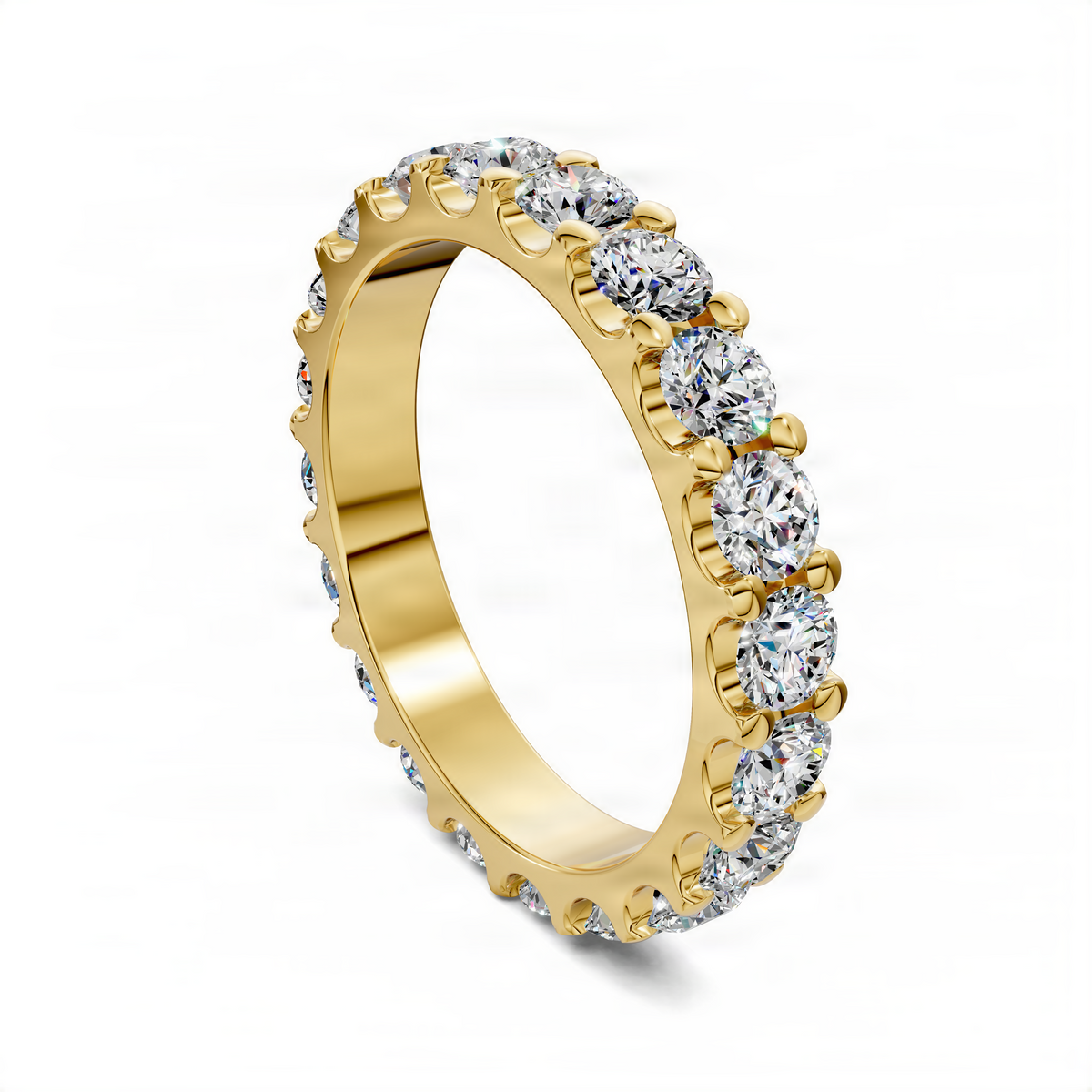 Yellow gold round eternity band with prong-set sparkling round stones around the rim