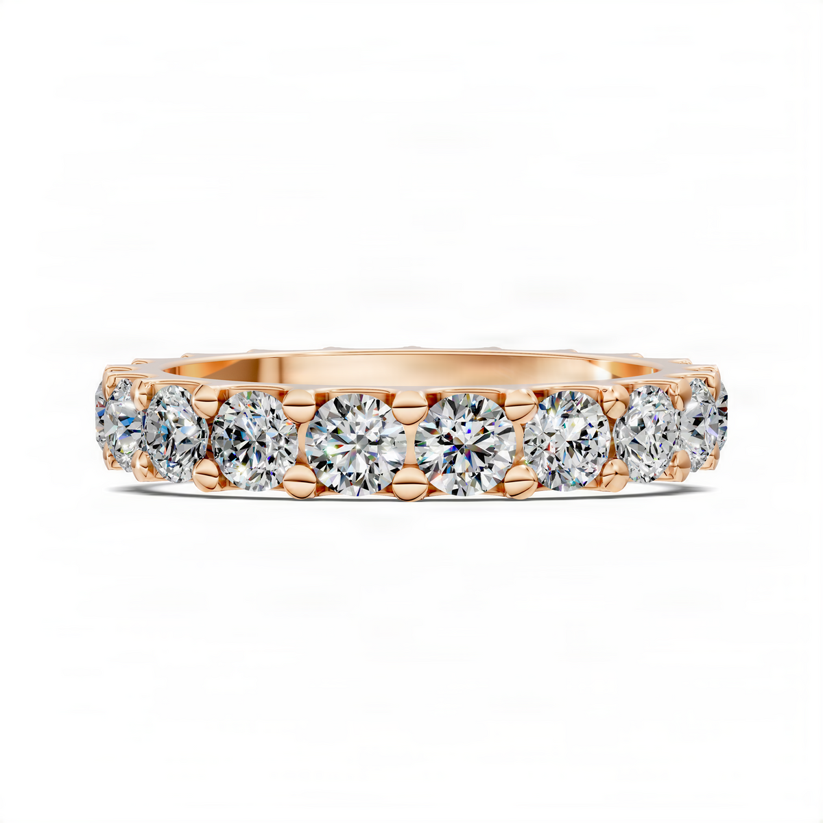 Rose gold round eternity band with a continuous row of prong-set sparkling round stones