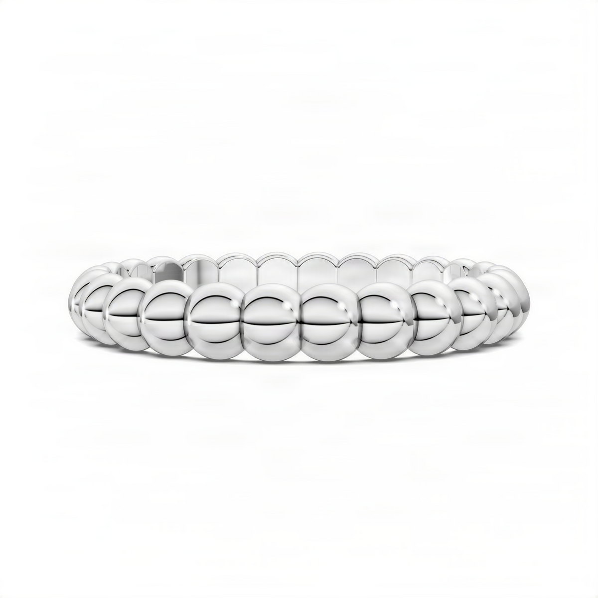 Beaded band ring with glossy round links, stacked and aligned, smooth polished finish