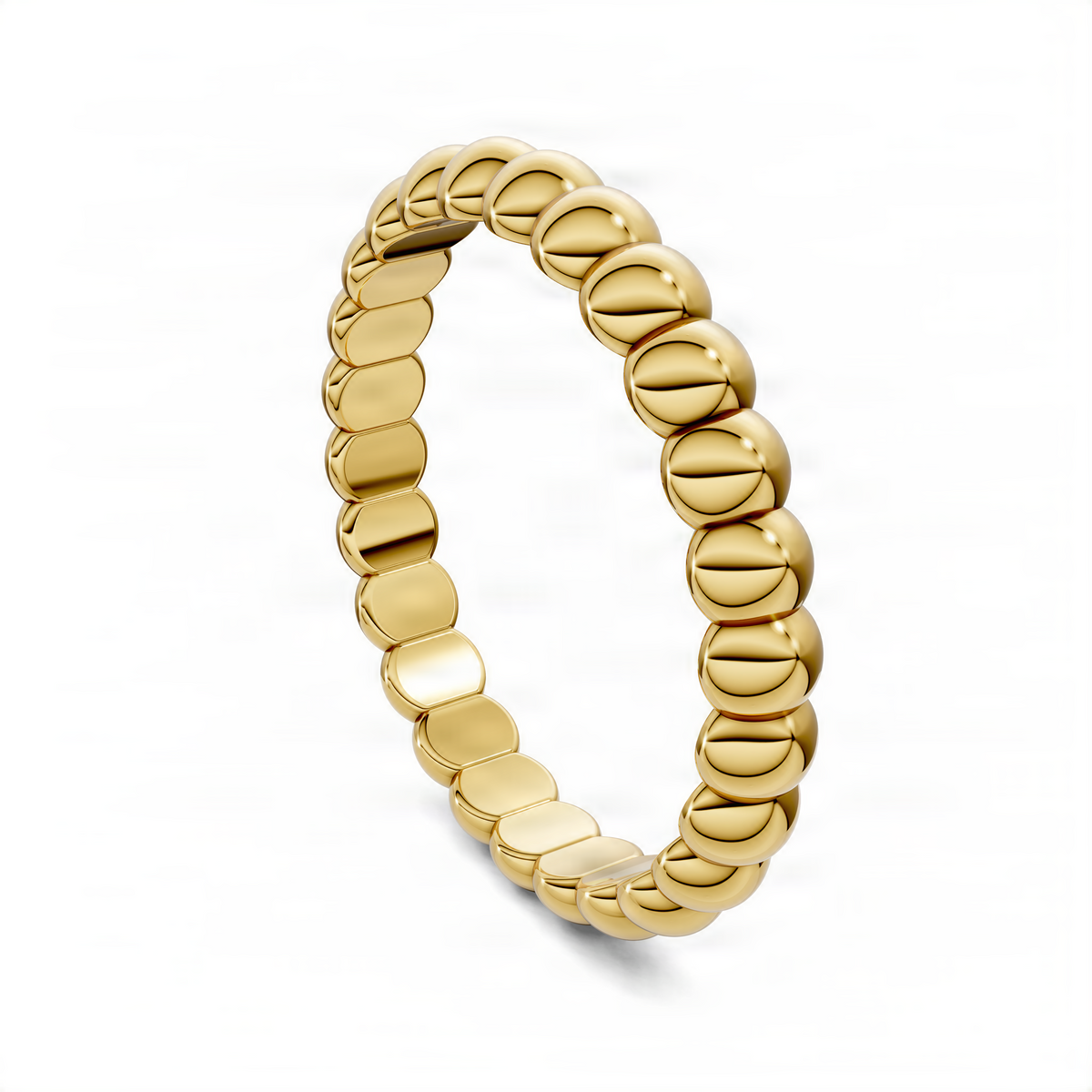 Beaded band ring side view with yellow gold tone round bead links and polished curved shape