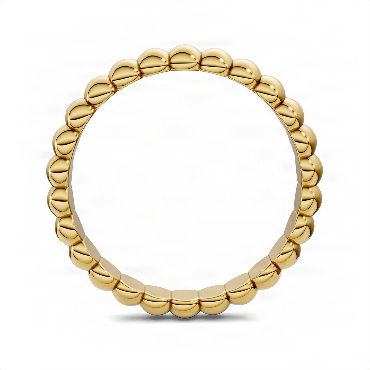 Beaded band ring with evenly spaced glossy round bead links in yellow gold tone