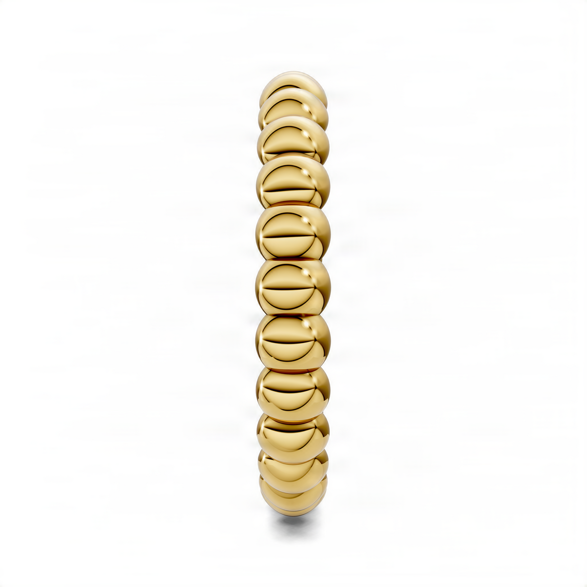 Beaded band ring vertical profile with yellow gold tone round bead links, glossy polished finish