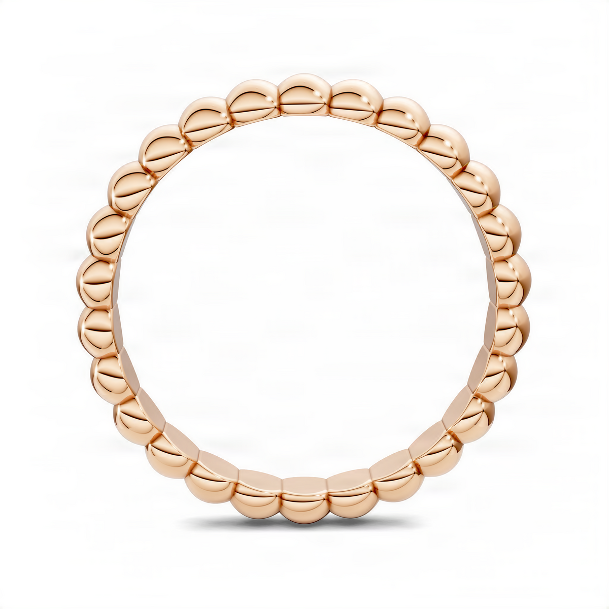 Beaded band ring with glossy round bead links in rose gold tone, circular polished profile