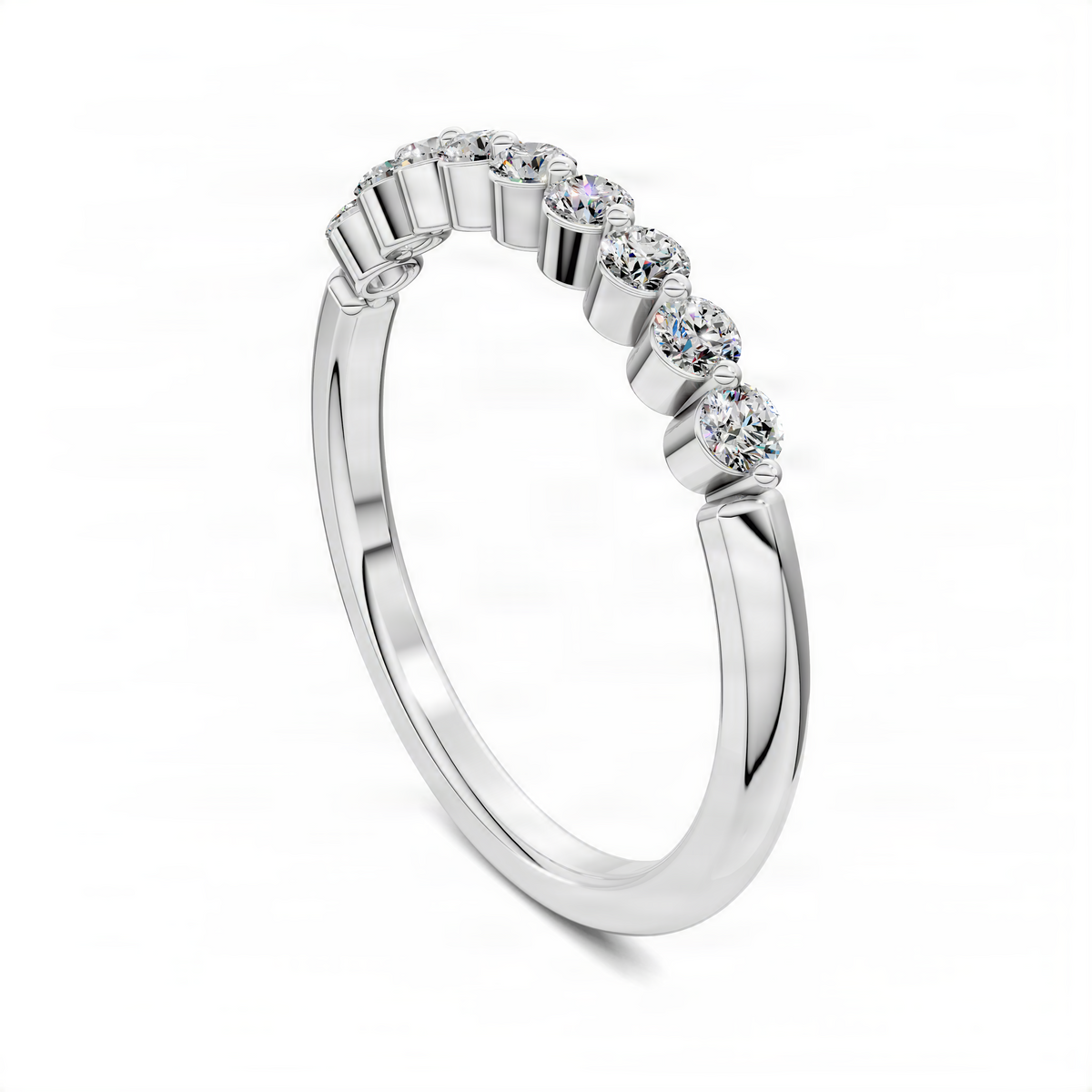White gold quarter eternity band ring, side view with round bezel-set diamonds