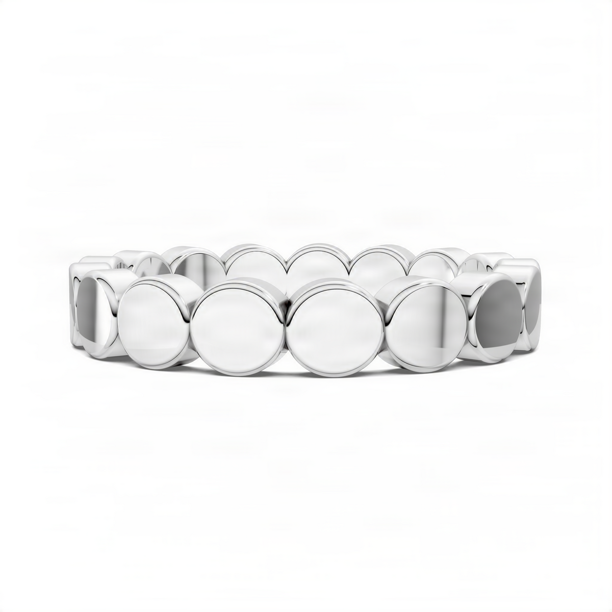 White gold beaded flat ring band with rounded coin-like links, centered profile view