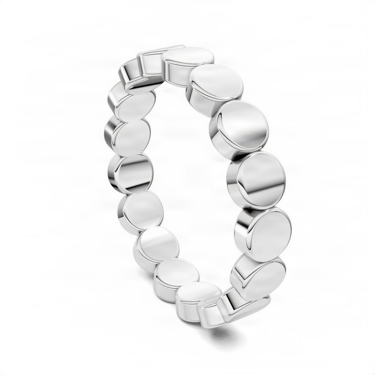 White gold beaded flat ring band angled view with rounded scalloped link edges