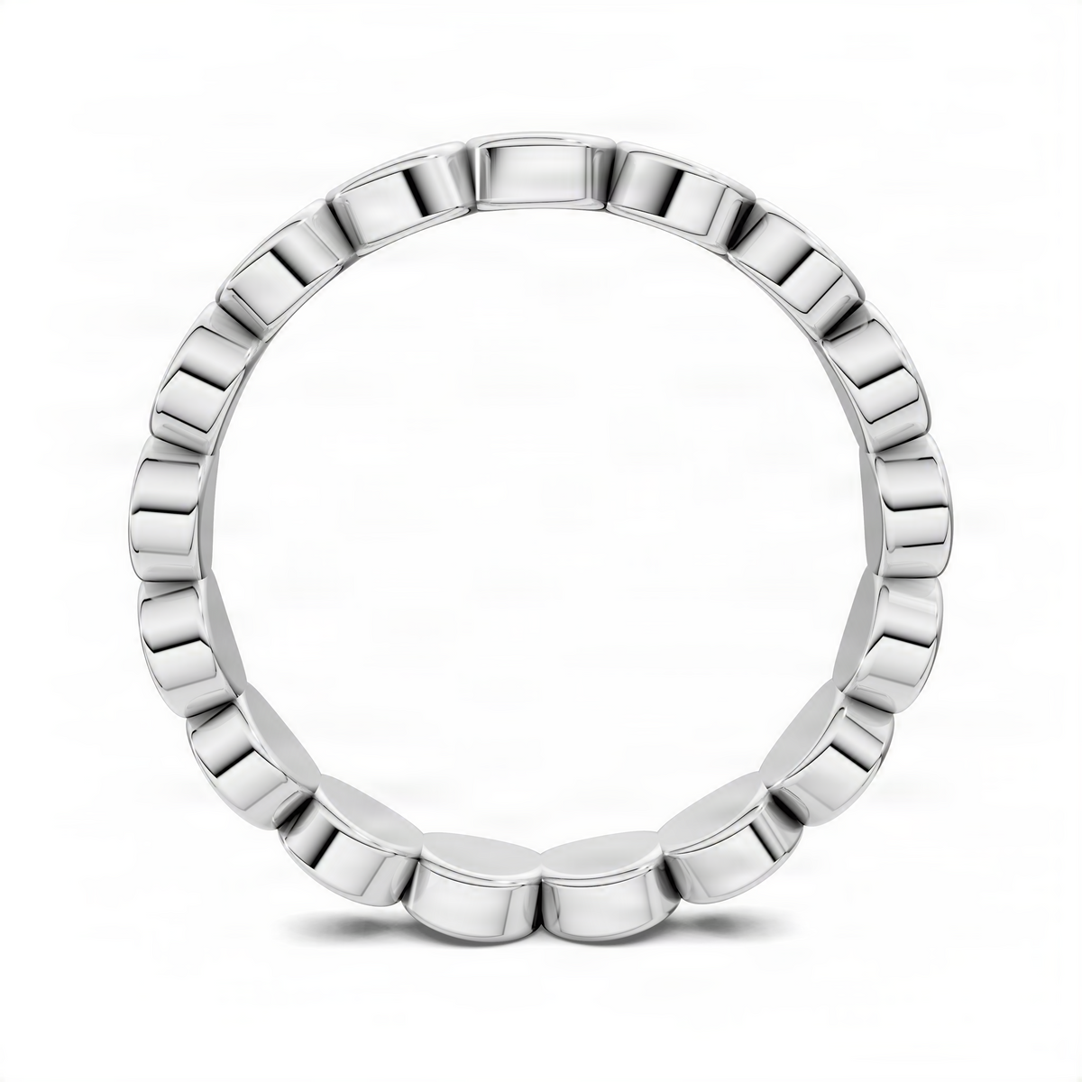 White gold beaded flat ring band shown from above with evenly spaced rounded segments