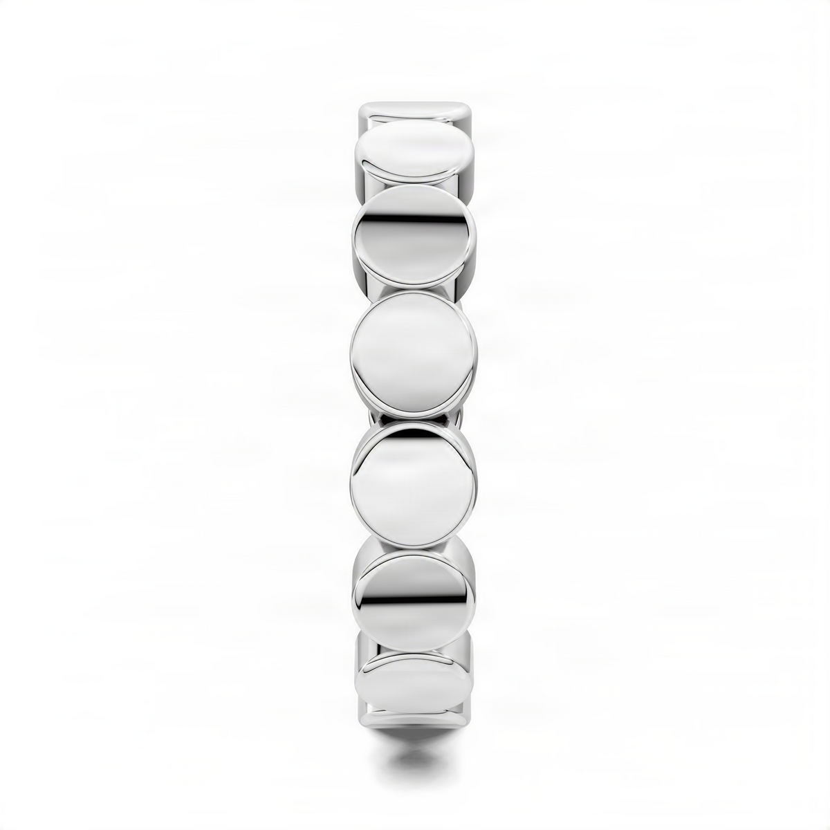 White gold beaded flat ring band side view with stacked rounded disc-like links