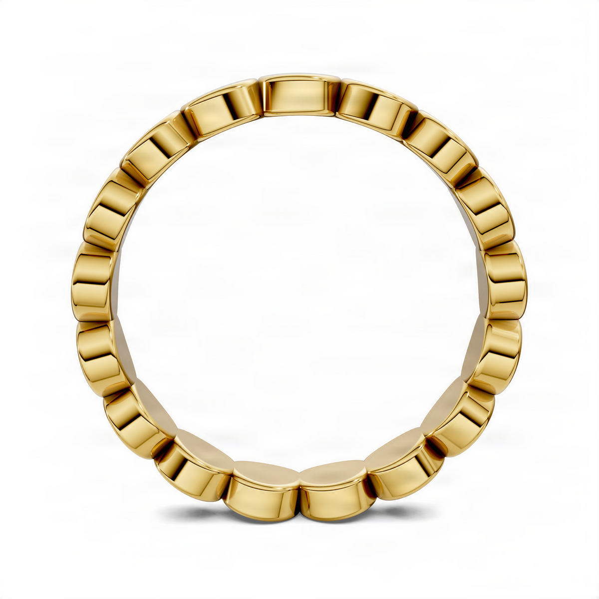 Yellow gold beaded flat ring band circular top view with smooth rounded link segments
