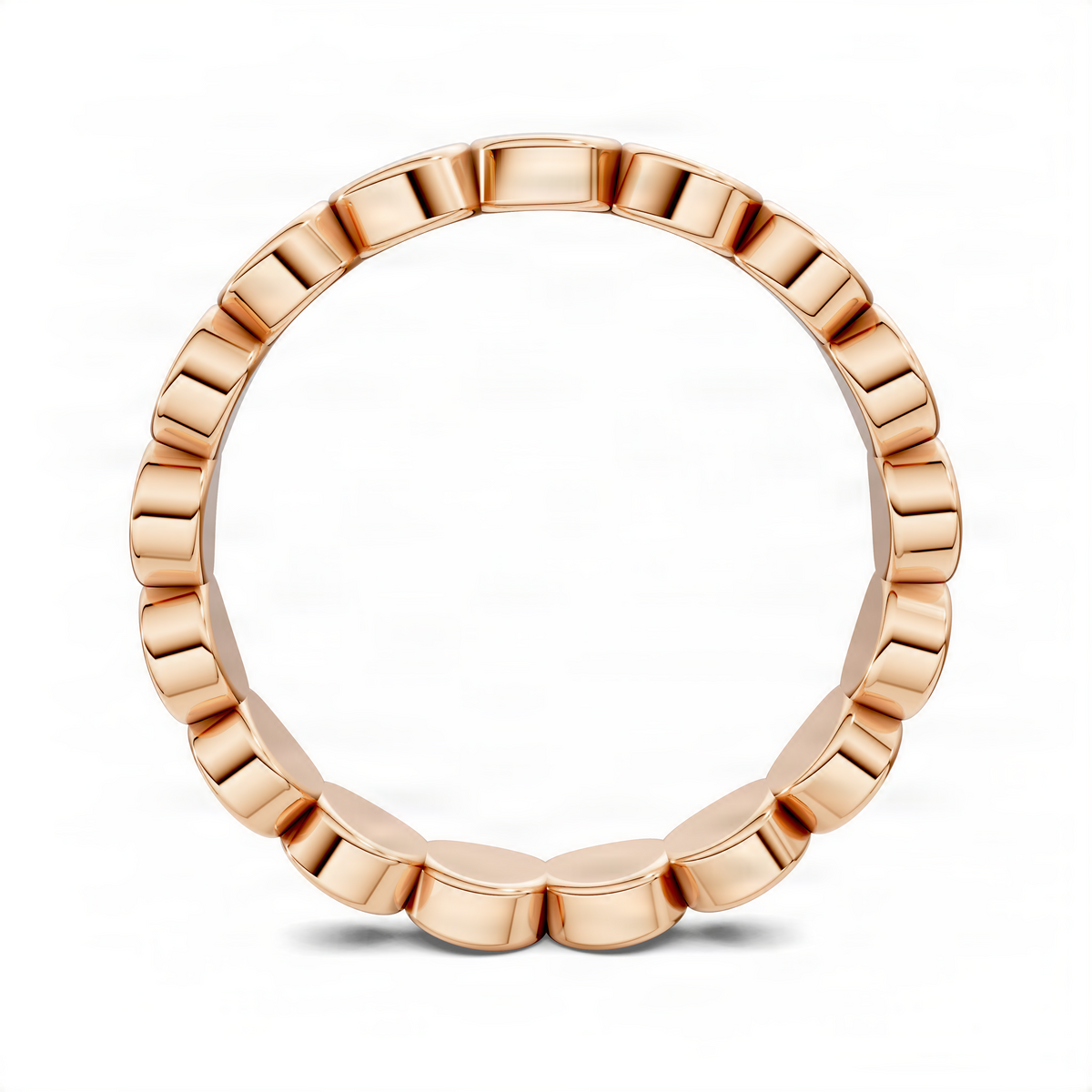 Rose gold beaded flat ring band in a circular top view with glossy rounded segments