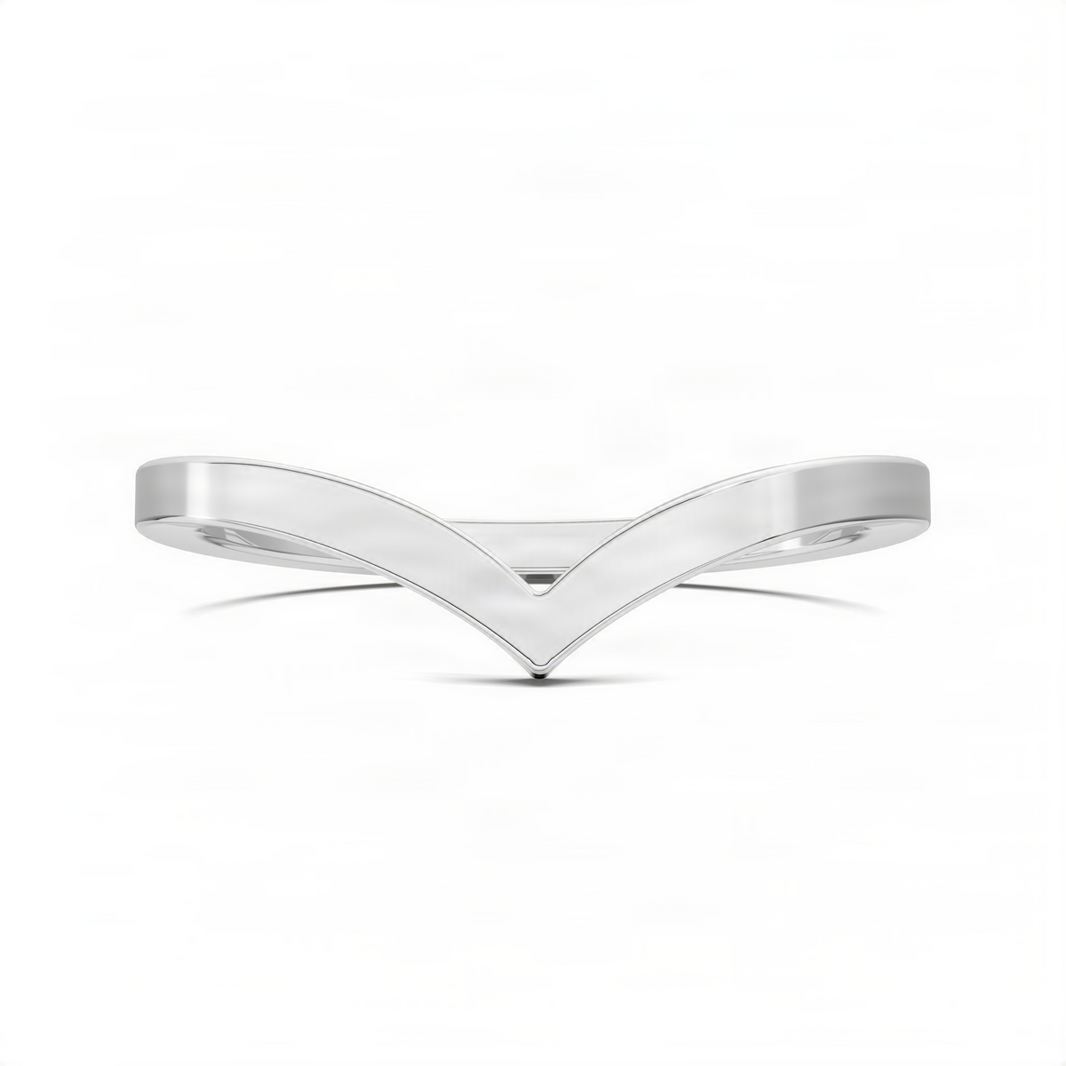 White gold wishbone band ring with V-shaped center notch and polished metal edges