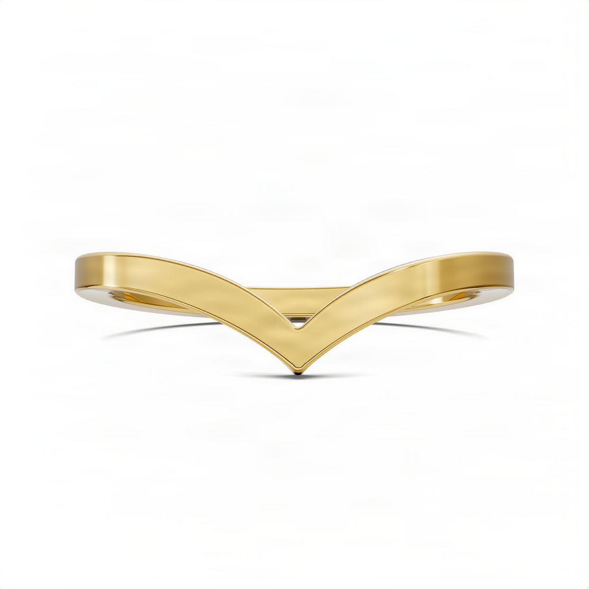 Yellow gold wishbone band ring with V-shaped center notch and reflective polished finish