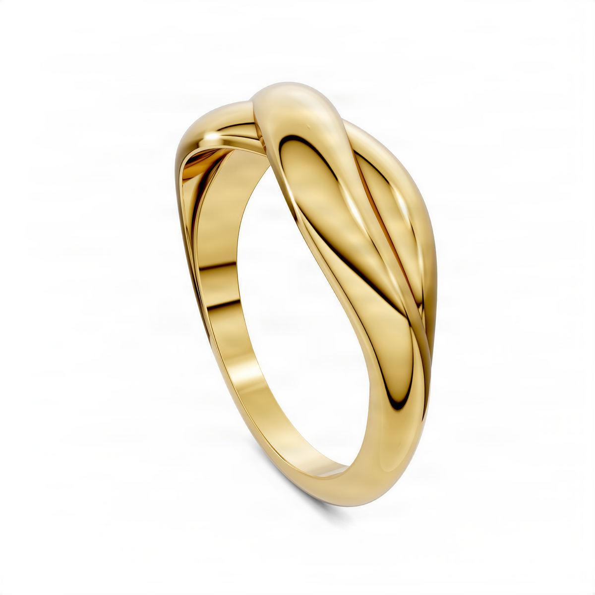 Knot band ring with braided twist design, yellow gold tone, angled side view