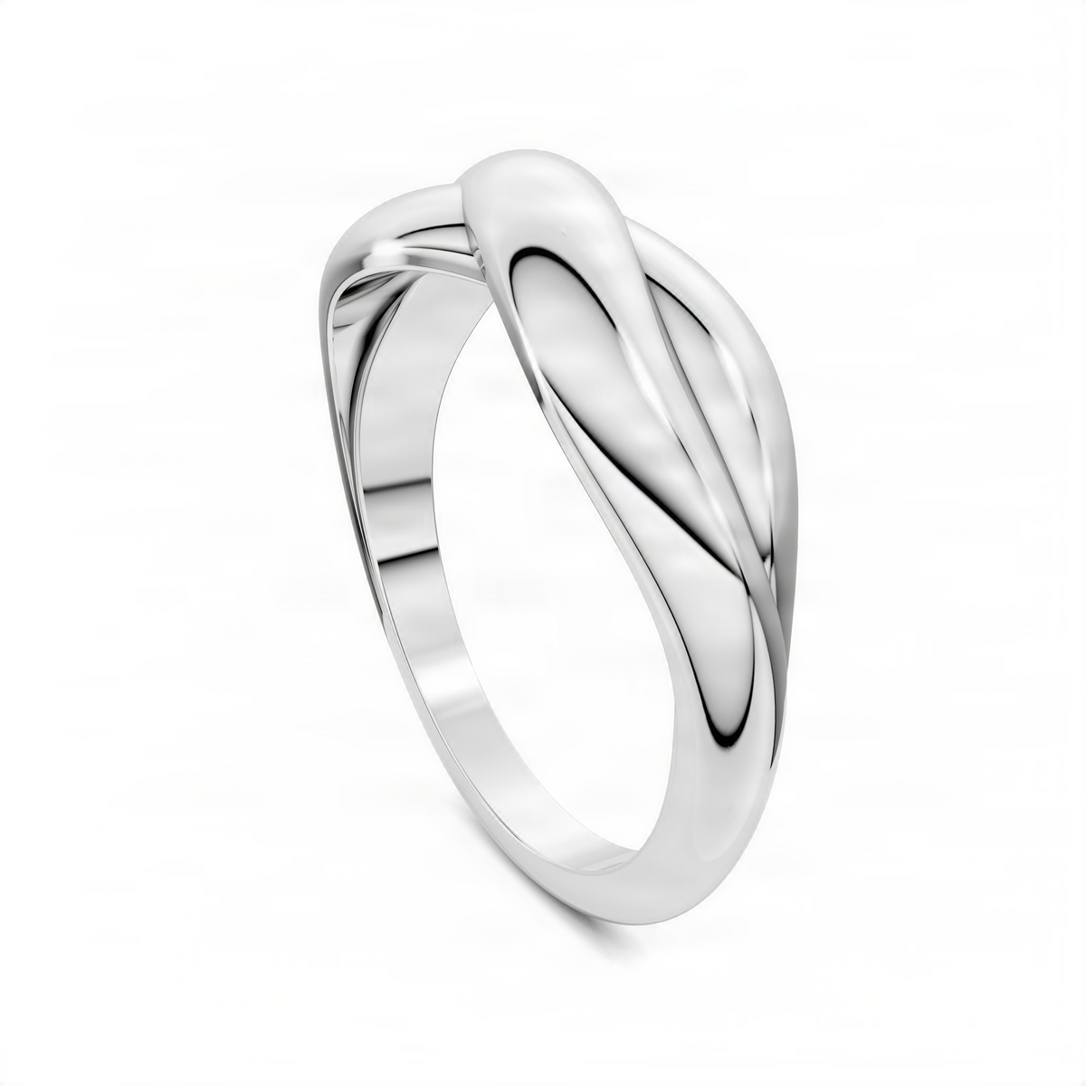 Knot band ring with braided twist design, white gold tone, angled side view
