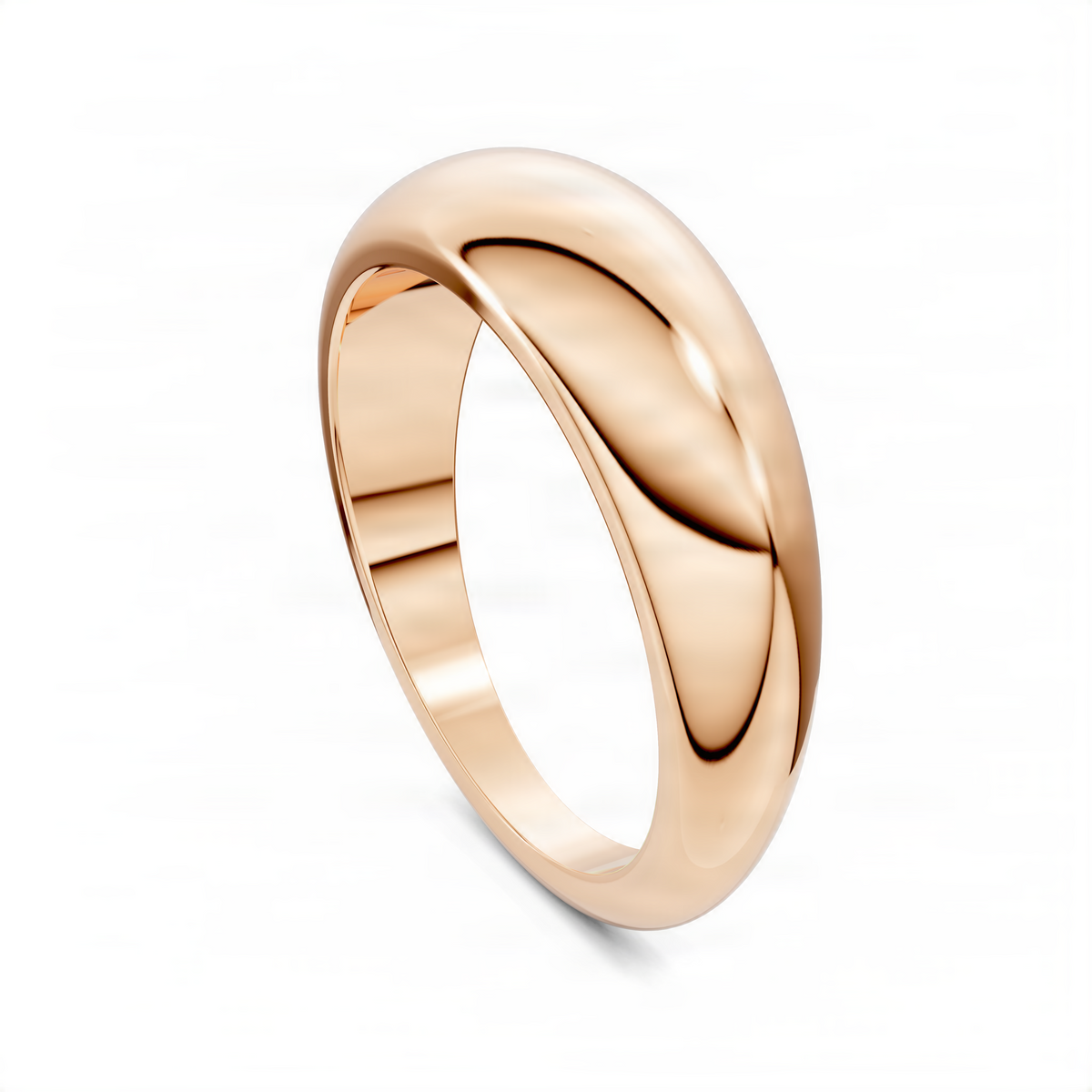 Rose gold dome profile ring, angled view, polished curved band