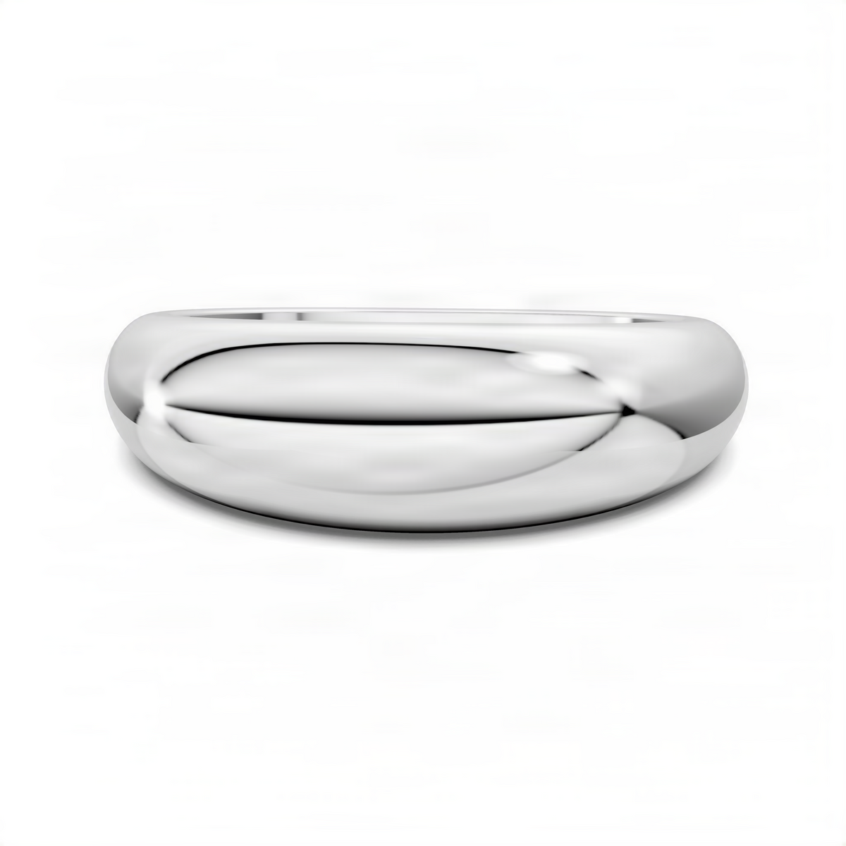 Polished white gold dome ring, horizontal side view with smooth curved top