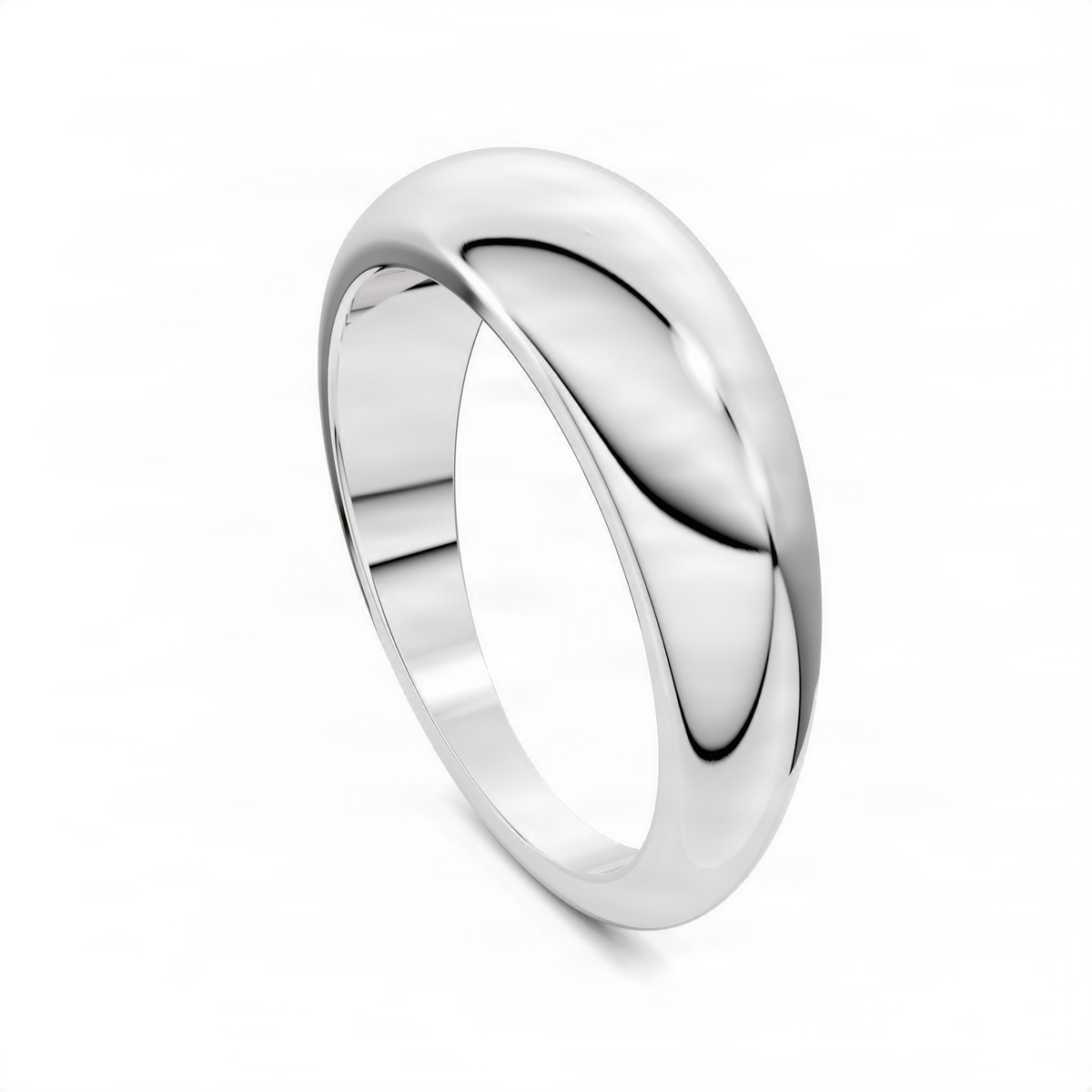 Polished dome ring in silver-tone metal, smooth rounded profile with reflective finish