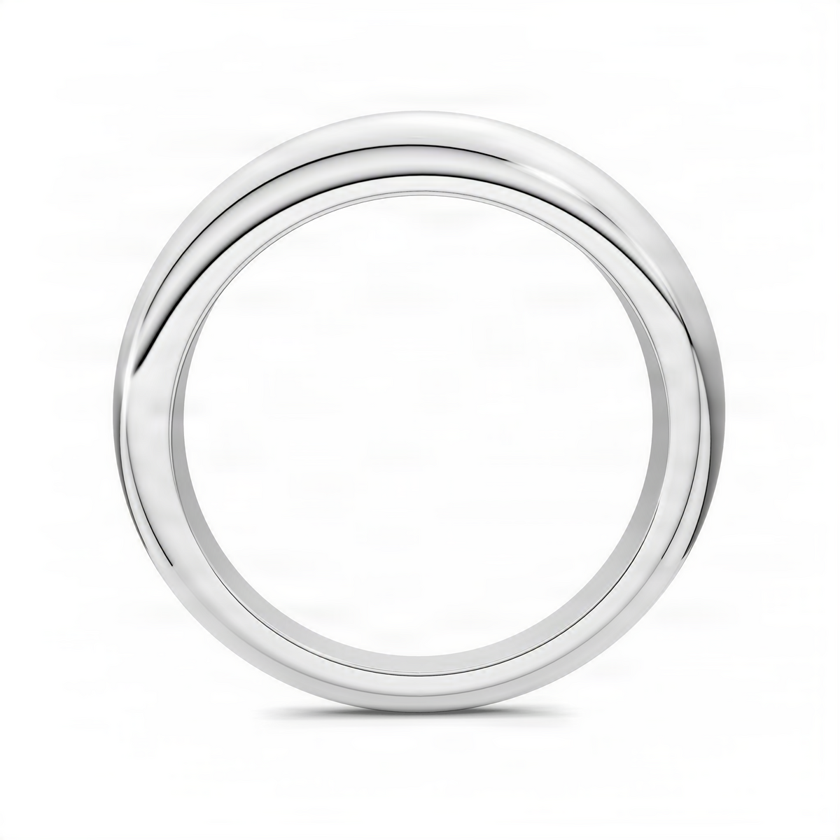 Polished white gold dome band ring, top view, smooth rounded profile