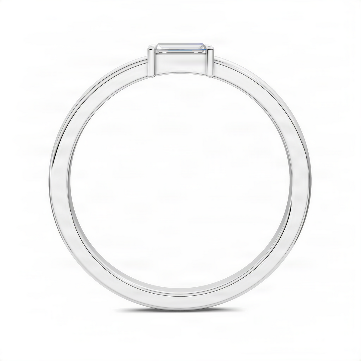Clear gemstone bezel baguette stacker ring in polished white gold, top prong view