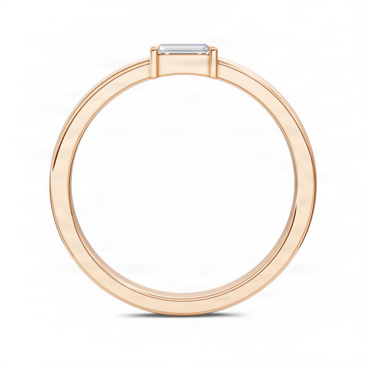 Rose gold baguette stacker ring with rectangular clear gemstone on top prongs