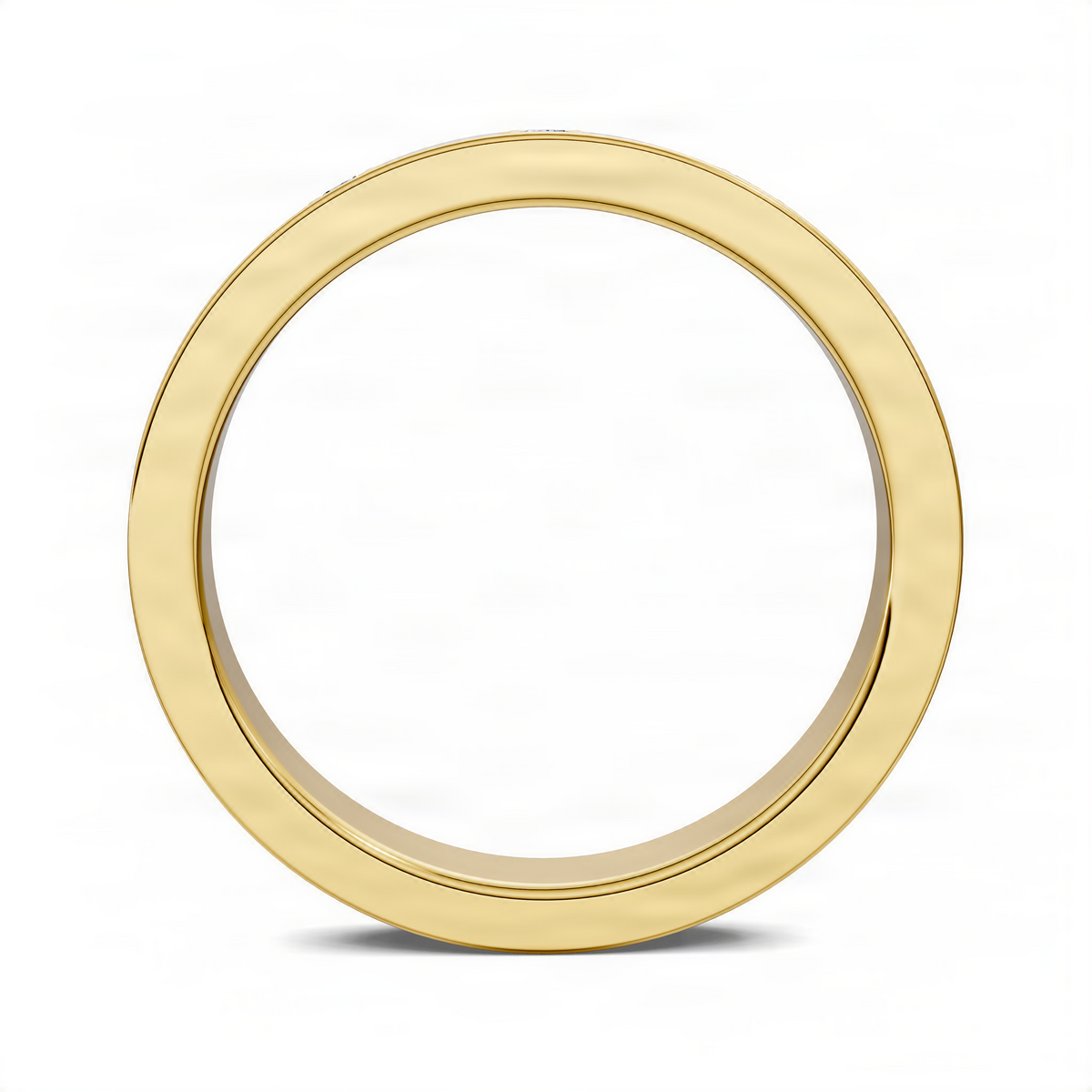Yellow gold polished ring band with smooth bezel profile, no stones visible from this angle.