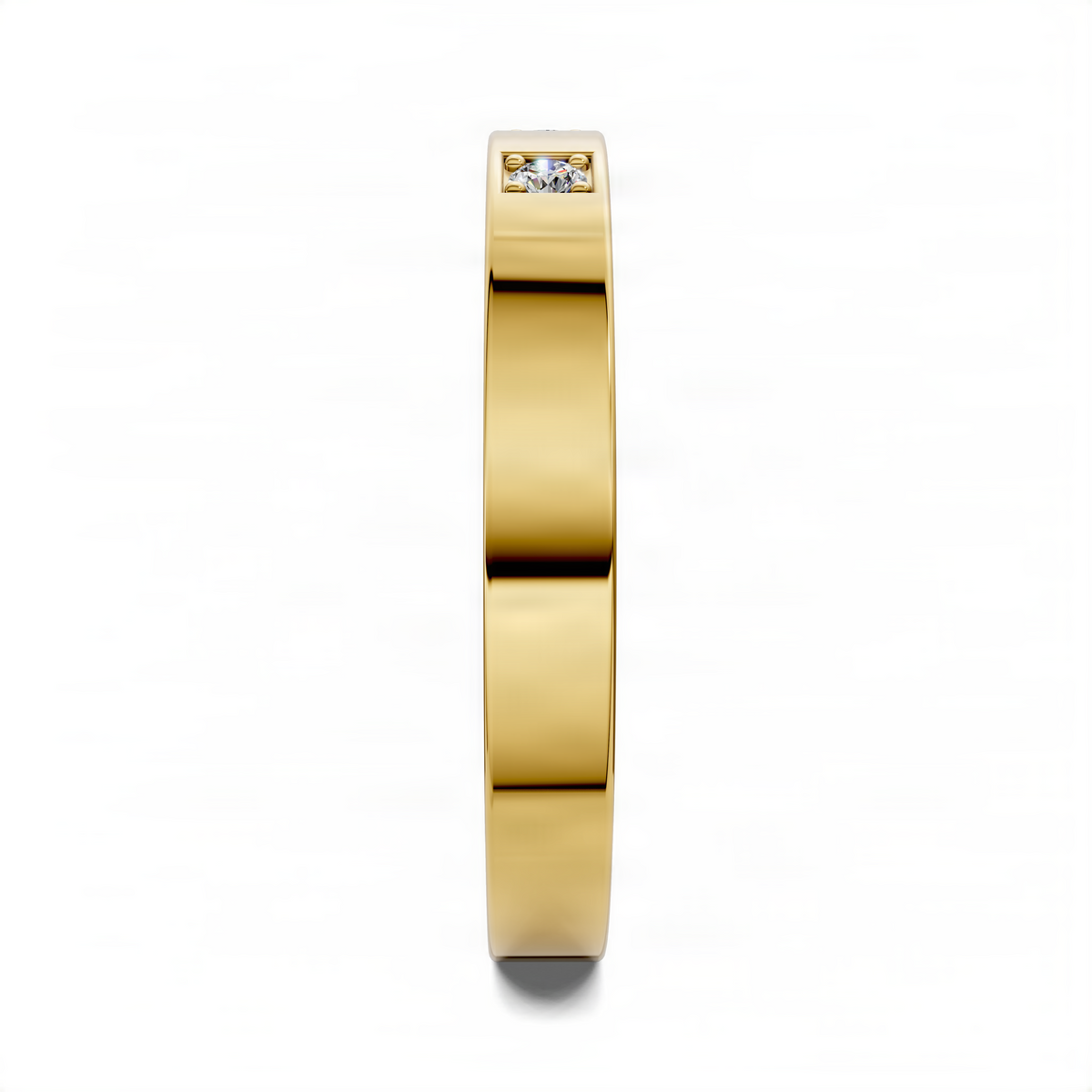 Yellow gold bezel-set square stone ring band with three stones on the top edge.
