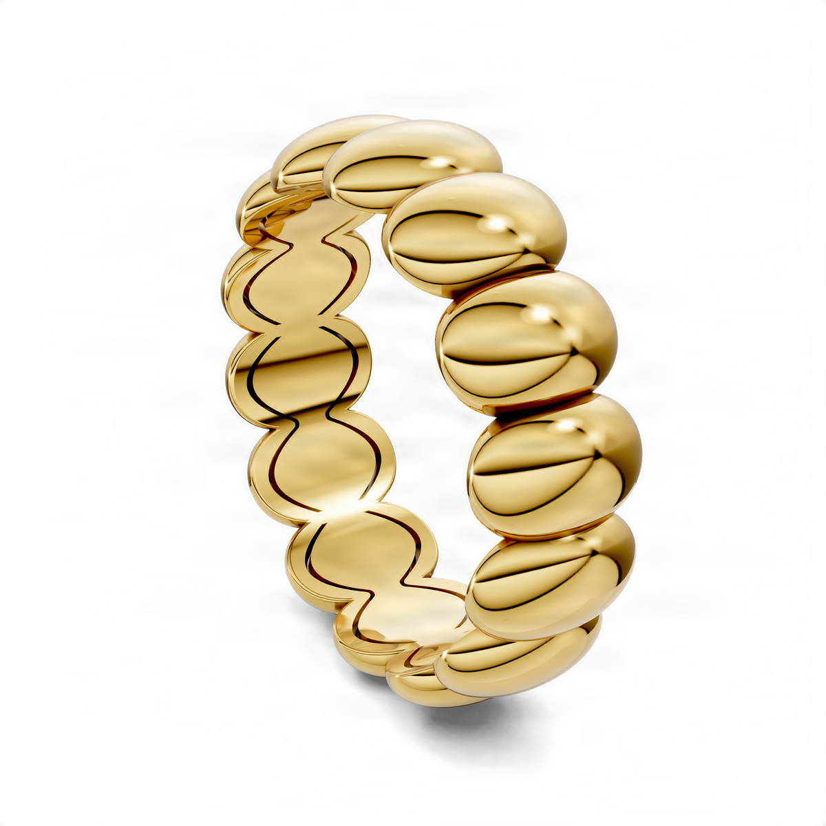 Yellow gold puffed stacker ring, angled view showing curved oval-link texture.