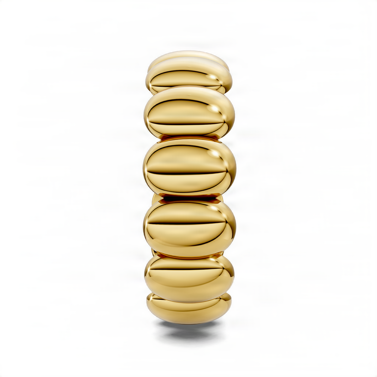 Yellow gold puffed stacker ring with rounded oval links, vertical view.