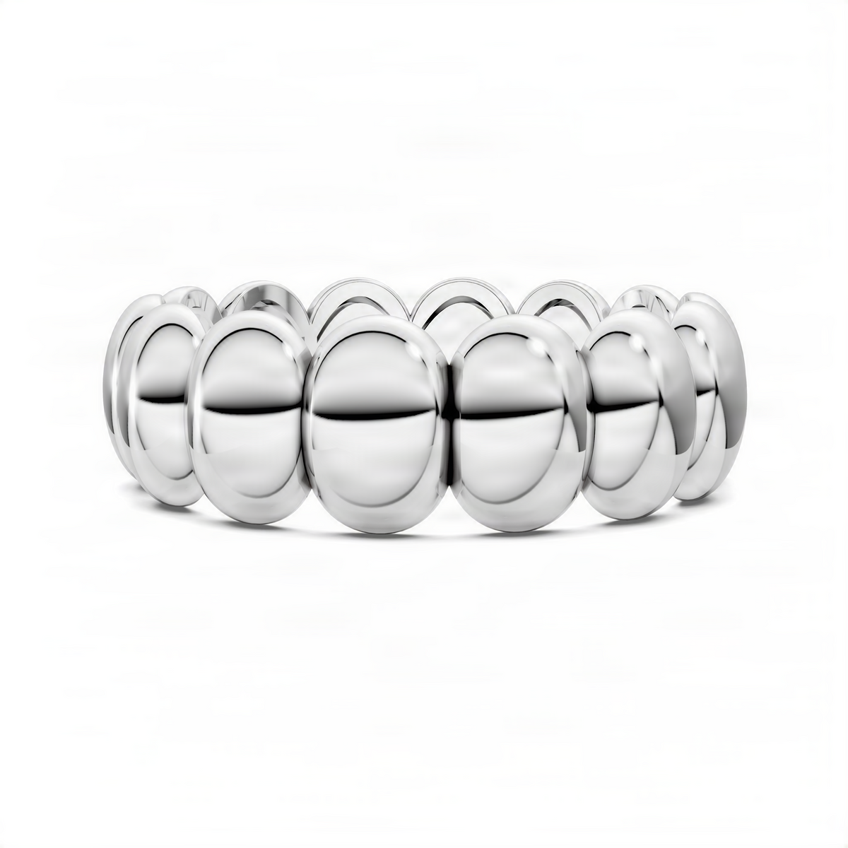 White gold puffed stacker ring with rounded oval links, straight-on side view.