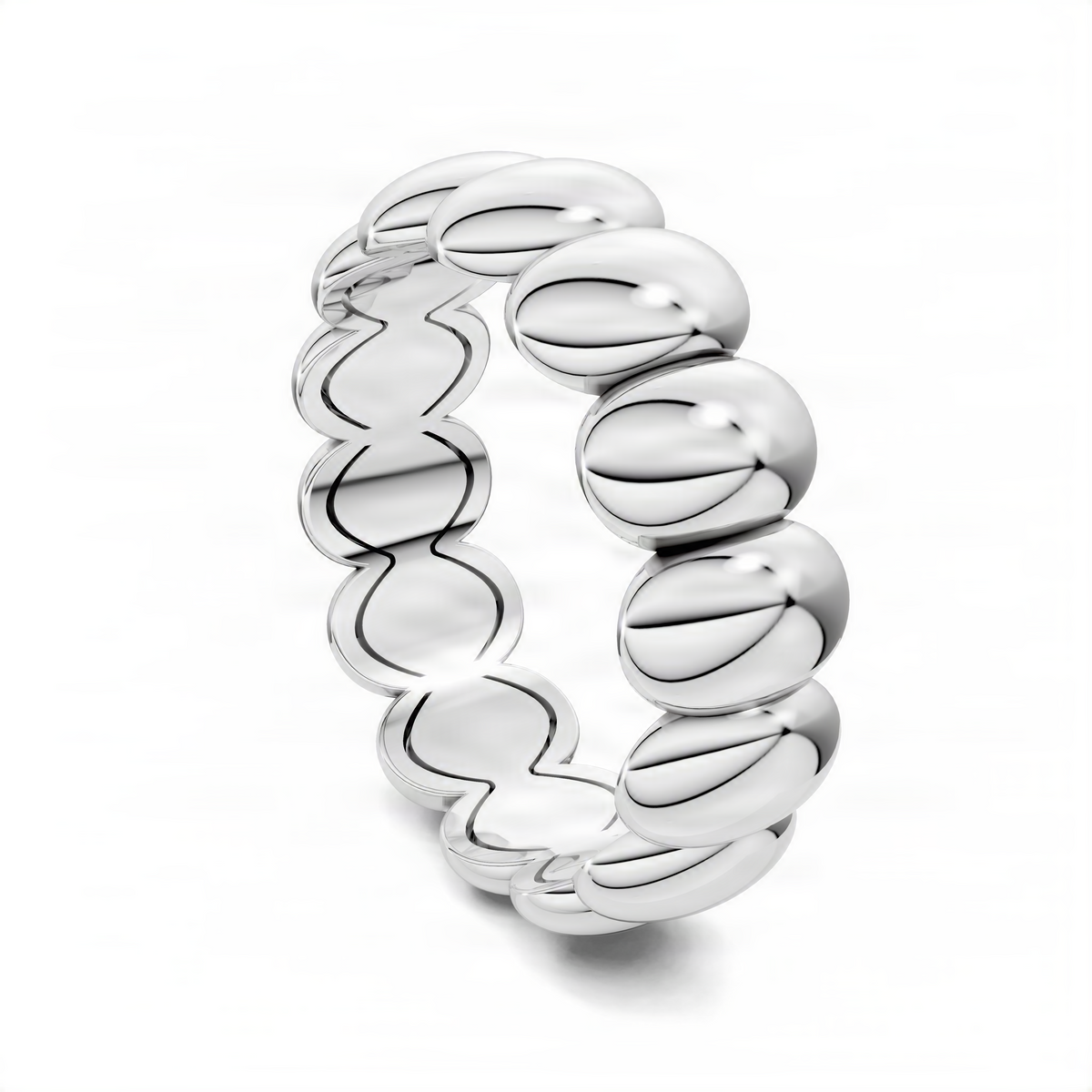 White gold puffed stacker ring, angled view showing rounded oval links.