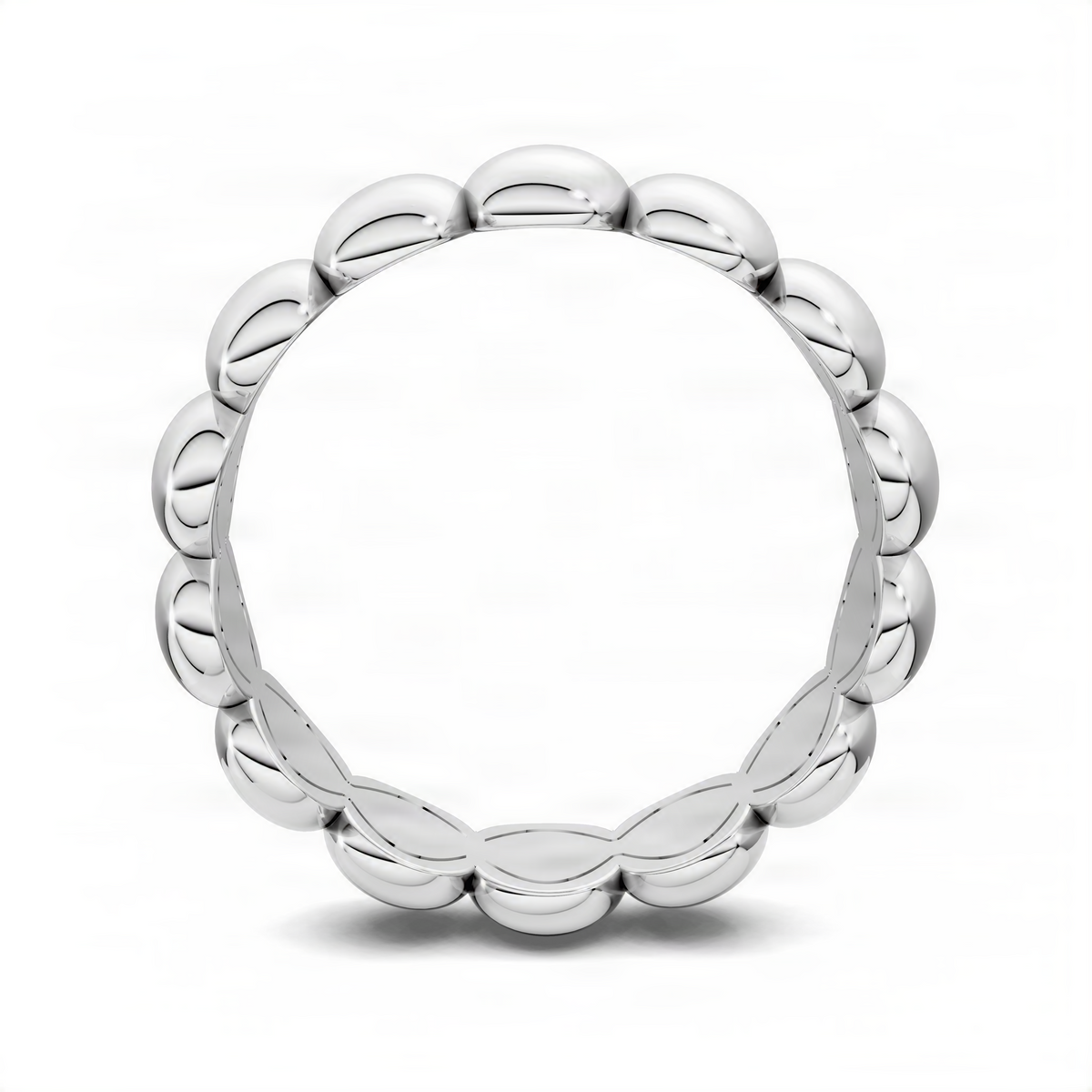 White gold puffed stacker ring, top view showing continuous oval-link band.
