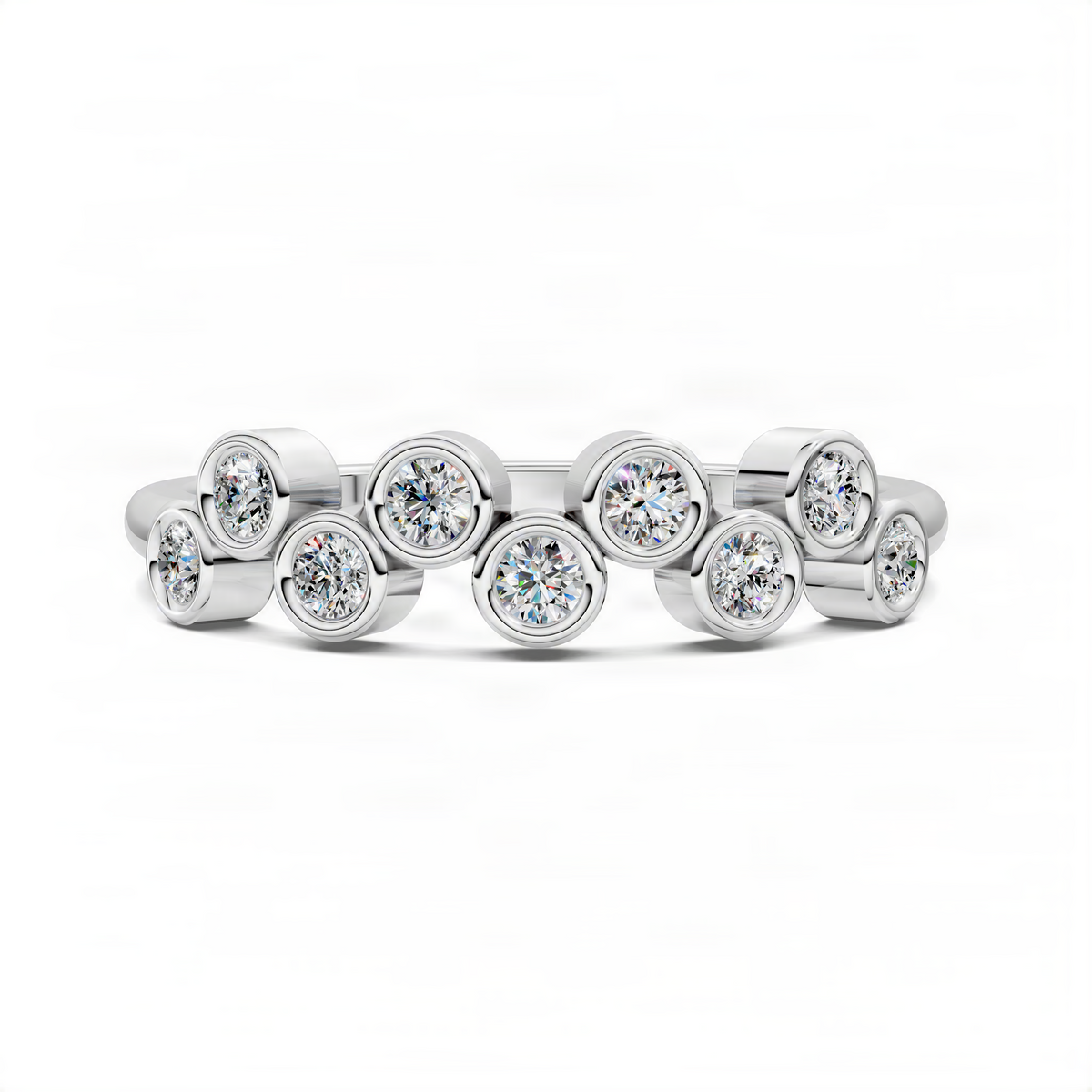 White gold bubble ring with linked round bezels and prong-set stones