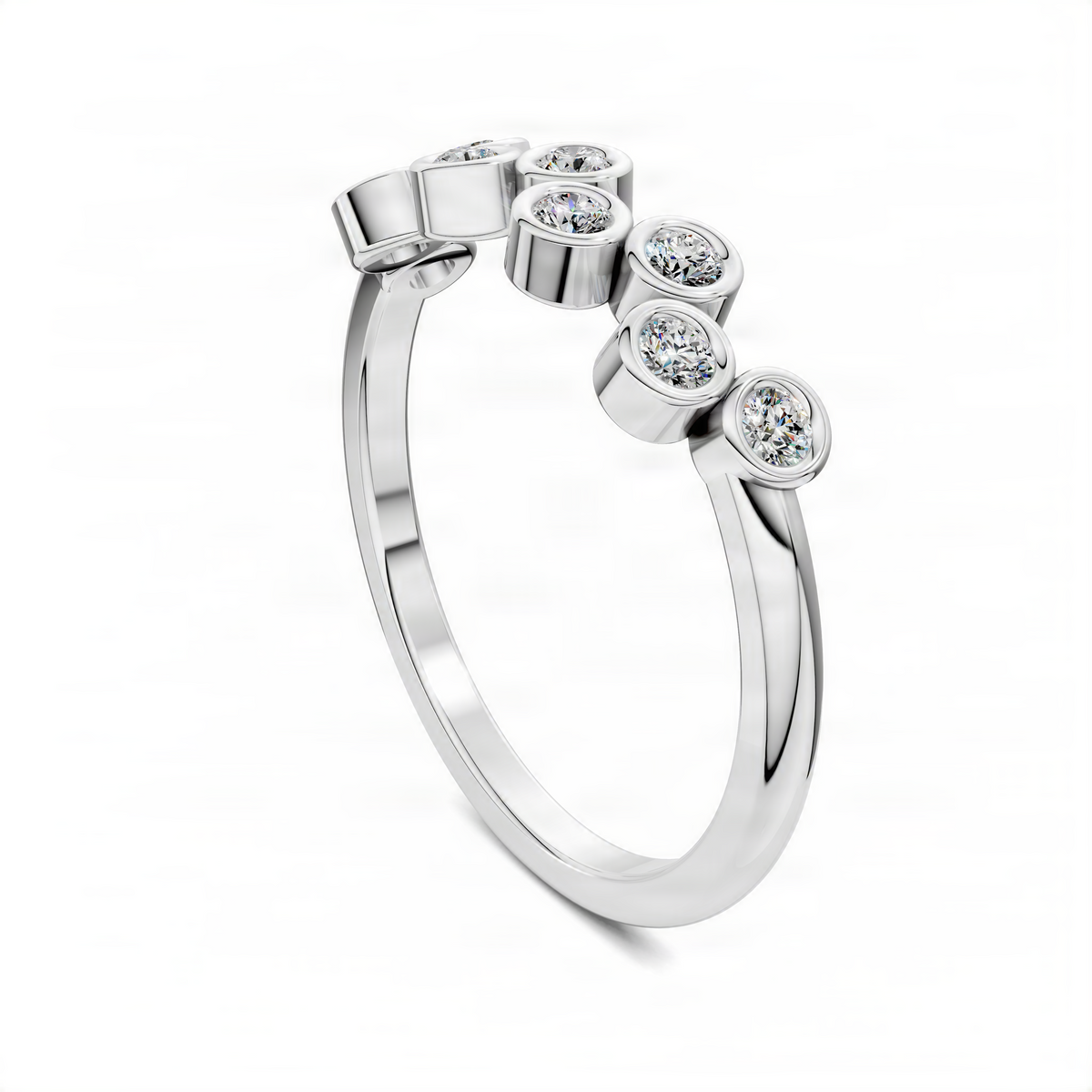 White gold bubble ring with five round diamond-like stones in bezel settings