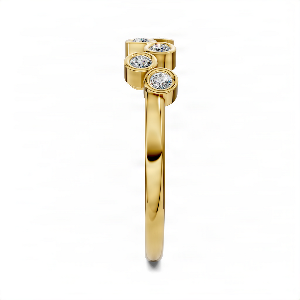 Yellow gold bubble ring with three round diamond-like stones in raised bezels