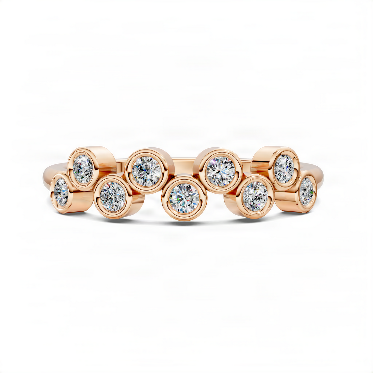 Rose gold bubble ring with linked round bezels and prong-set stones
